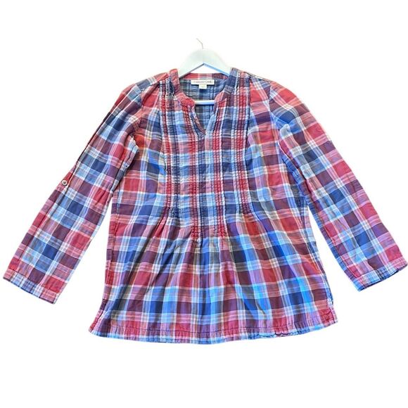 Coldwater creek pink plaid pintuck flannel popover blouse size small - Picture 2 of 10